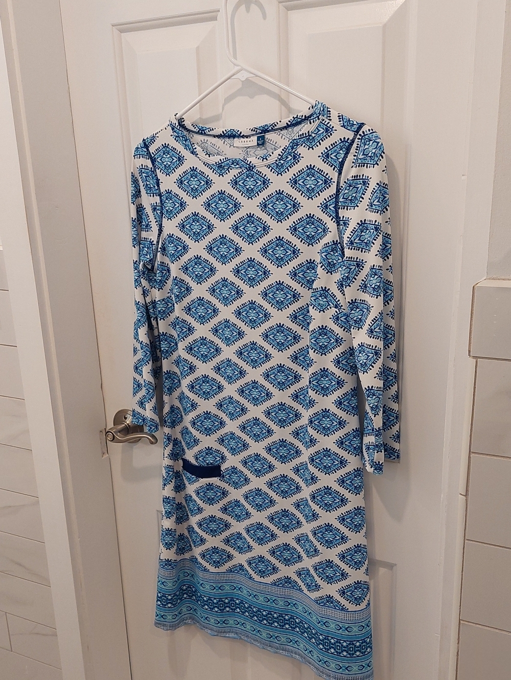 Cabana Life White and Blue Long Sleeve Printed Dress